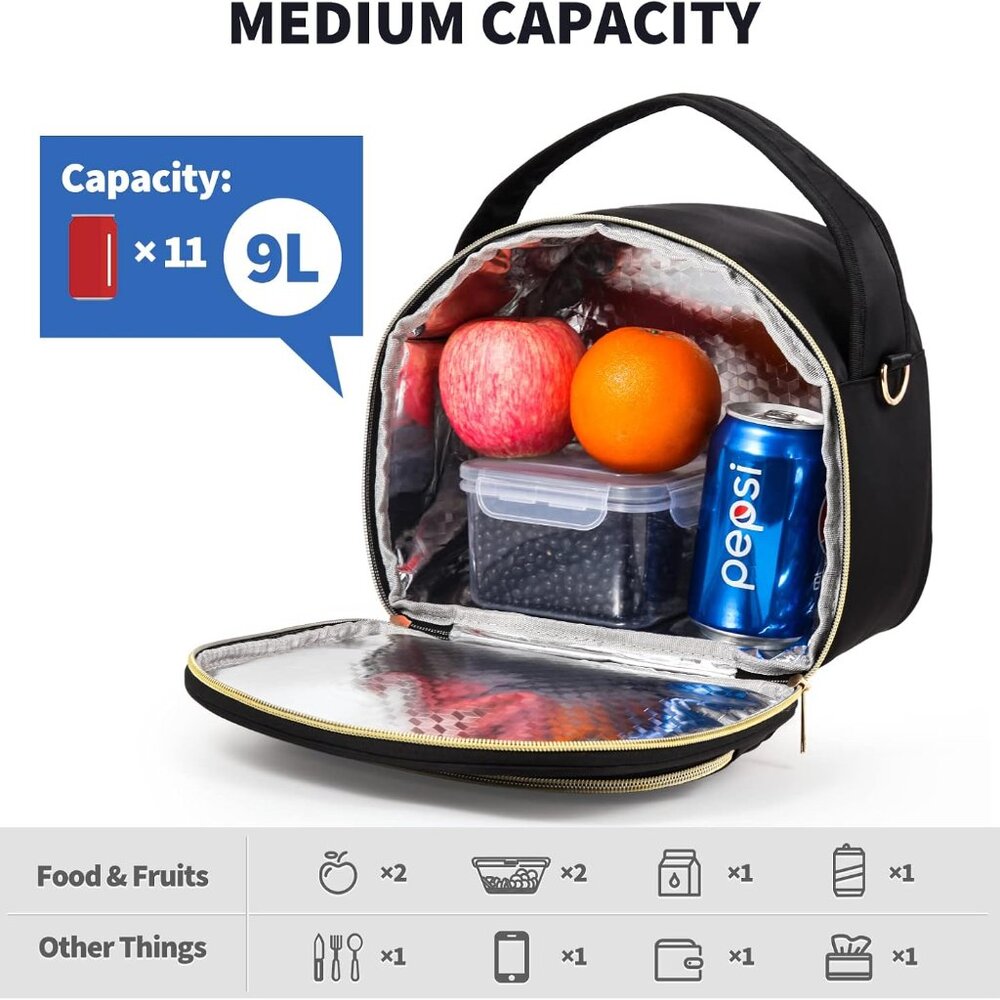 Black Cute Insulated Lunch Tote Bag for Women Work,Reusable Adult Lunch Box for - Picture 2 of 6